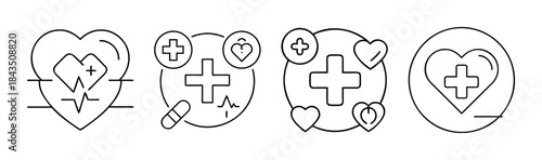 Modern health and medical care line icons set representing wellness, heart health, and first aid