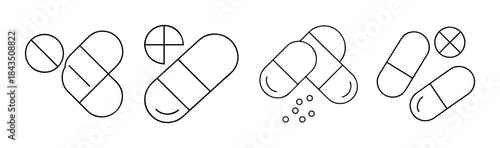 Outline icons illustrating various forms of medication including pills, capsules, and tablets