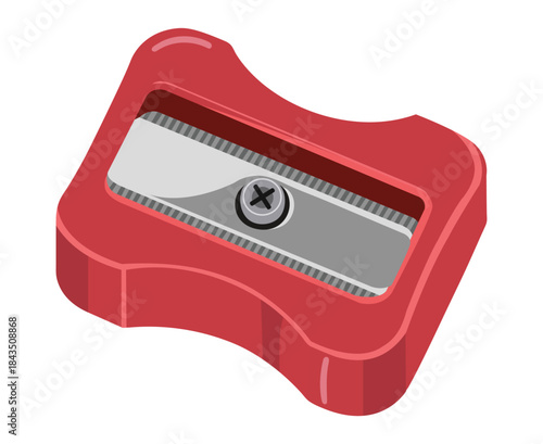 A brightly colored red pencil sharpener with a metallic blade is shown