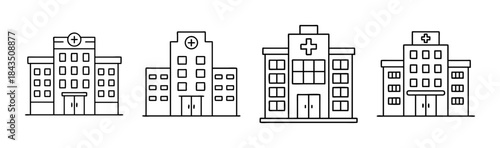 Collection of line art hospital building icons symbolizing healthcare and medical facilities