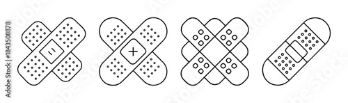 Assortment of medical bandage icons illustrating first aid, healing, and healthcare concepts