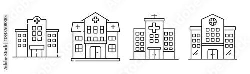 Collection of minimalist line art hospital and medical clinic building icons