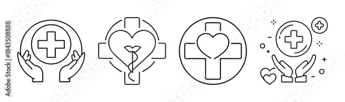 Health and medical care line icons set illustrating support, heart health, and well-being
