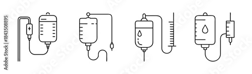 Intravenous therapy concepts: a collection of linear icons depicting various iv drip systems and medical infusions