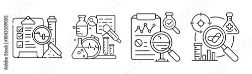 A collection of line icons representing scientific research, medical analysis, and laboratory testing