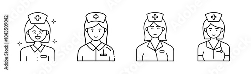 Diverse facial expressions of female nurses showcasing various emotions and professional attire in line art