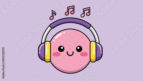 Cute, cartoon, pink, music, character, headphones, smiling, face, rosy, cheeks, joyful, listening, melody, playful, entertainment, digital, fun, adorable, purple, background
