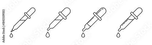 Set of four outline droppers with falling drops, representing precise liquid measurement