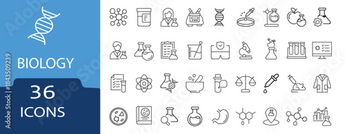 biology icon set.biology Science research outine icons set with editable stroke.Containing experiment, laboratory, scientist, and more. thin linear illustration