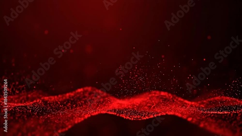 Abstract Red Particle Wave Glowing on a Dark Background with Floating Elements