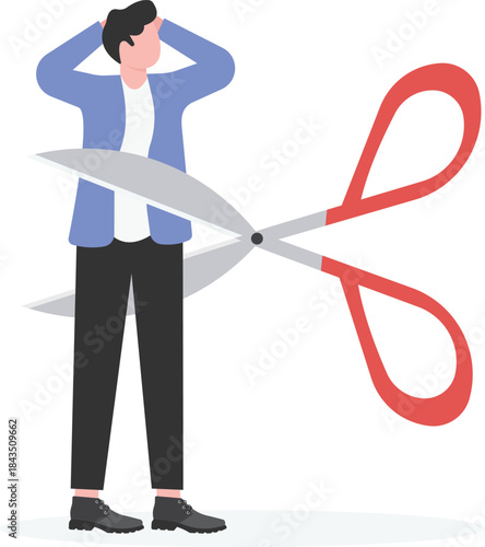 Layoffs, unemployment and layoffs concept, isometric working businessman sitting on clipped sticker sticker,
