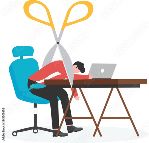 Layoffs, unemployment and layoffs concept, isometric working businessman sitting on clipped sticker sticker,
