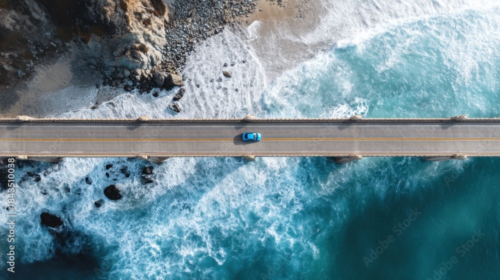 Obraz premium Blue car driving on a bridge over a rocky coast and turquoise ocean waves. Aerial view of scenic coastal road for travel and adventure.