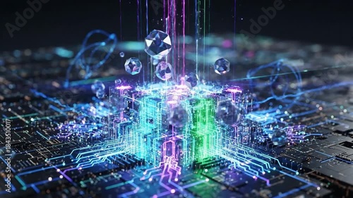 Abstract Digital Circuit Board With Glowing Data Streams And Crystal Spheres
