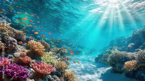 Wallpaper Mural Colorful coral reef underwater with bright orange fish. Marine ecosystem with sun rays shining through blue water. Natural habitat for aquatic life. Torontodigital.ca