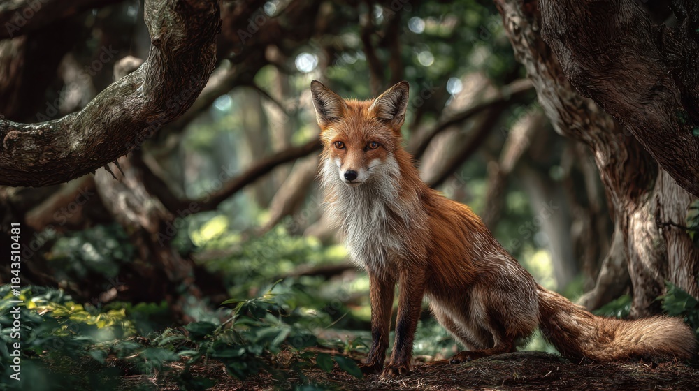 Obraz premium Wild fox sitting in a forest surrounded by trees and greenery during daylight hours