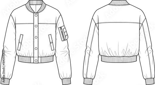 Cropped bomber jacket flat technical drawing vector illustration, front and back view, snap closure, ribbed trims, zipper pocket sleeve, detailed CAD template.