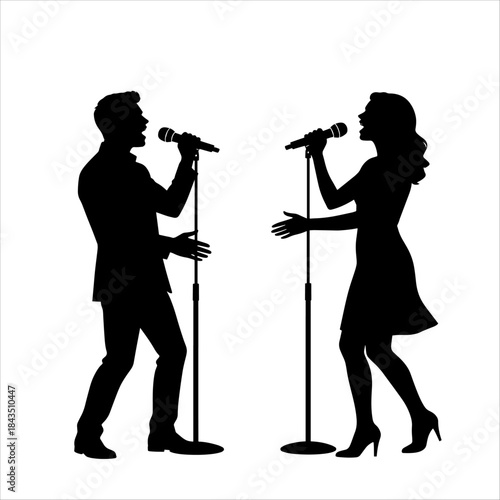 Male and female silhouettes singing into microphones in a duet pose, ideal for music and event themes, vector