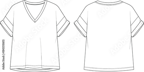Cropped V-Neck T-Shirt Fashion Flat Sketch Technical Drawing Vector Template for Women's Loose-Fit Short Sleeve Top Garment Design Apparel Cad Mockup Clothing Illustration