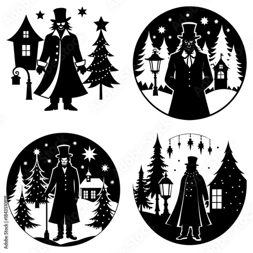 Silhouette of a man in a hat and coat with Christmas trees and stars on a white background