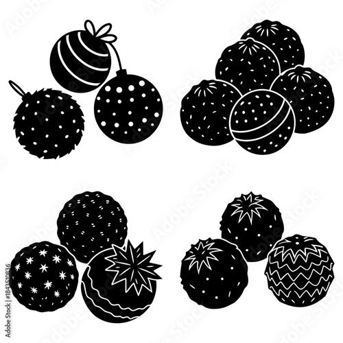 Christmas baubles with various patterns on white background ornaments holiday