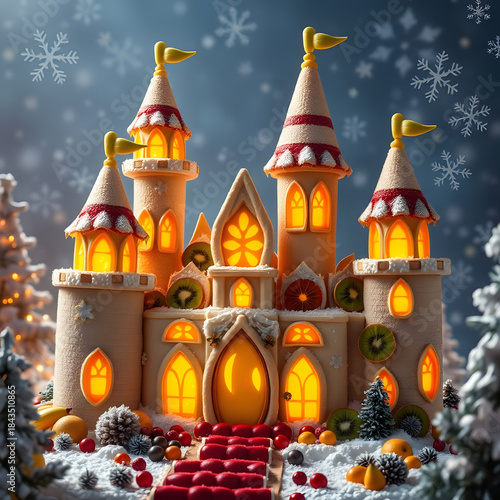 AI Fruit Castle. A magical fairy-tale castle made entirely of fruits with banana towers, orange doors, kiwi and fruit windows glowing warm festive light, surrounded by winter snowflakes and holiday ch
