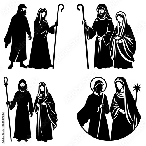 Group of people in robes with staffs and halos on white background religious