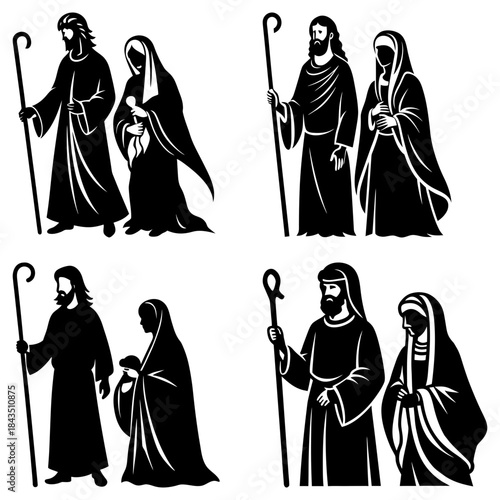Biblical nativity scene with holy family and shepherds in black and white silhouette on transparent background