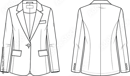 Women's classic tailored blazer jacket flat technical drawing vector illustration, front and back view, single button closure, flap pockets, detailed CAD template.