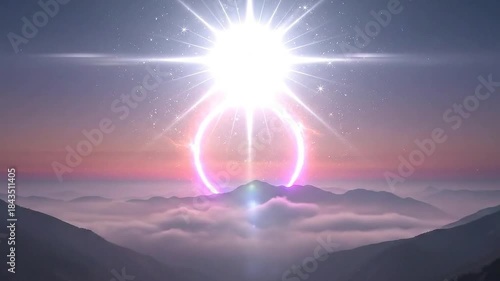 Surreal neon rings over distant clouds at dusk.