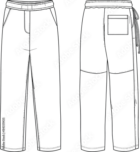 Women's wide-leg trousers flat technical drawing vector illustration, front and back view, elastic drawstring waist, patch pocket, detailed CAD template.