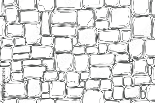 A detailed black and white sketch of an irregularly shaped cobblestone wall pattern with rough textured surfaces and visible grout lines