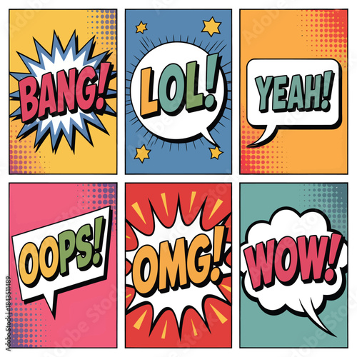 Comic Book Panels with Words and Sound Effects on Colored Backgrounds speech bubble
