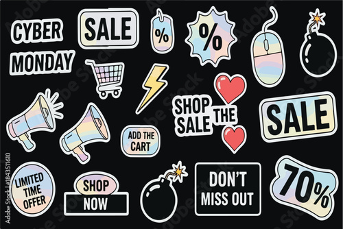 Vibrant holographic stickers featuring cyber monday sale promotions and shopping icons for online retail and e commerce marketing campaigns