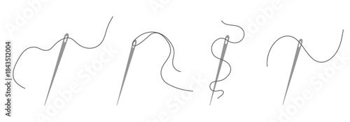 Elegant needle with thread. Needle symbol and curved thread, tailor and shoemaker needlework tool, sewing element. Small tattoo, print for clothes