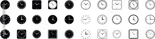 Clock icon set collection with analog wall clocks and stopwatch timer symbols in black flat and outline style, time measurement watch pictogram pack for schedule alarm countdown UI design