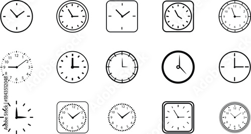 Clock icon set collection with analog wall clocks and stopwatch timer symbols in black flat and outline style, time measurement watch pictogram pack for schedule alarm countdown UI design
