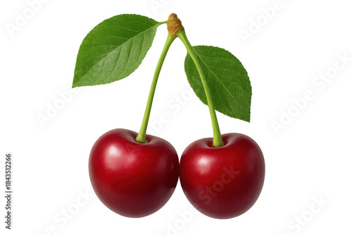 Two ripe red cherries with vibrant green leaves and stems, displaying healthy organic fruit on an alpha channel