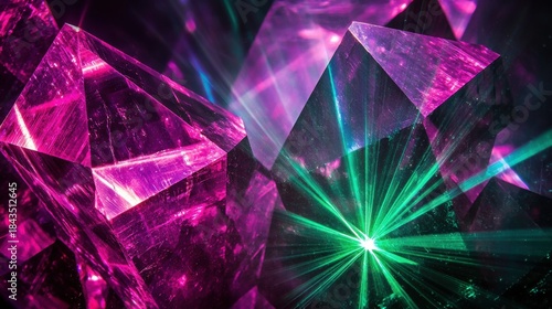 Laser beam modulation through transparent geometric crystal prisms creating vibrant magenta cyan emerald interference patterns with radiating light effects angular formations