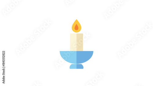Simple flat design icon of a single lit white candle resting in a light blue holder