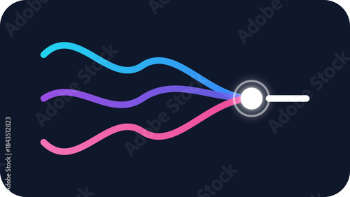 Three colorful wavy lines converge into a bright central control knob interface
