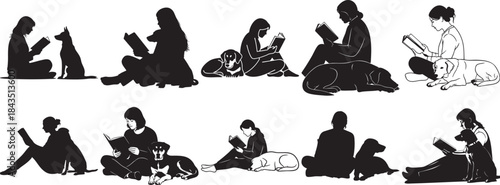 People Reading with Dogs Silhouettes