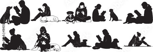 people sitting with dogs reading books