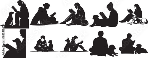 people reading with dogs silhouettes