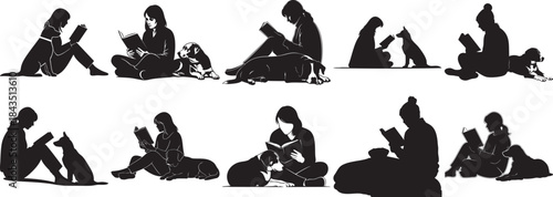 People and dogs reading and relaxing in various positions