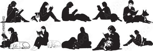 people reading books with dogs silhouettes