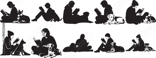 Silhouettes of People Reading with Dogs
