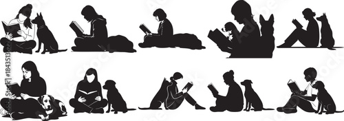 Silhouettes of People Reading with Dogs on White Background