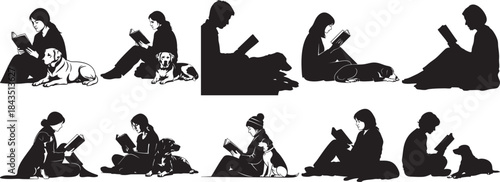 Silhouettes of People Reading with Dogs