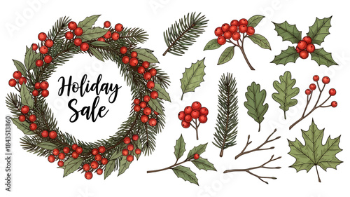Christmas Evergreen and Holly Berry Botanical Elements Vector Collection